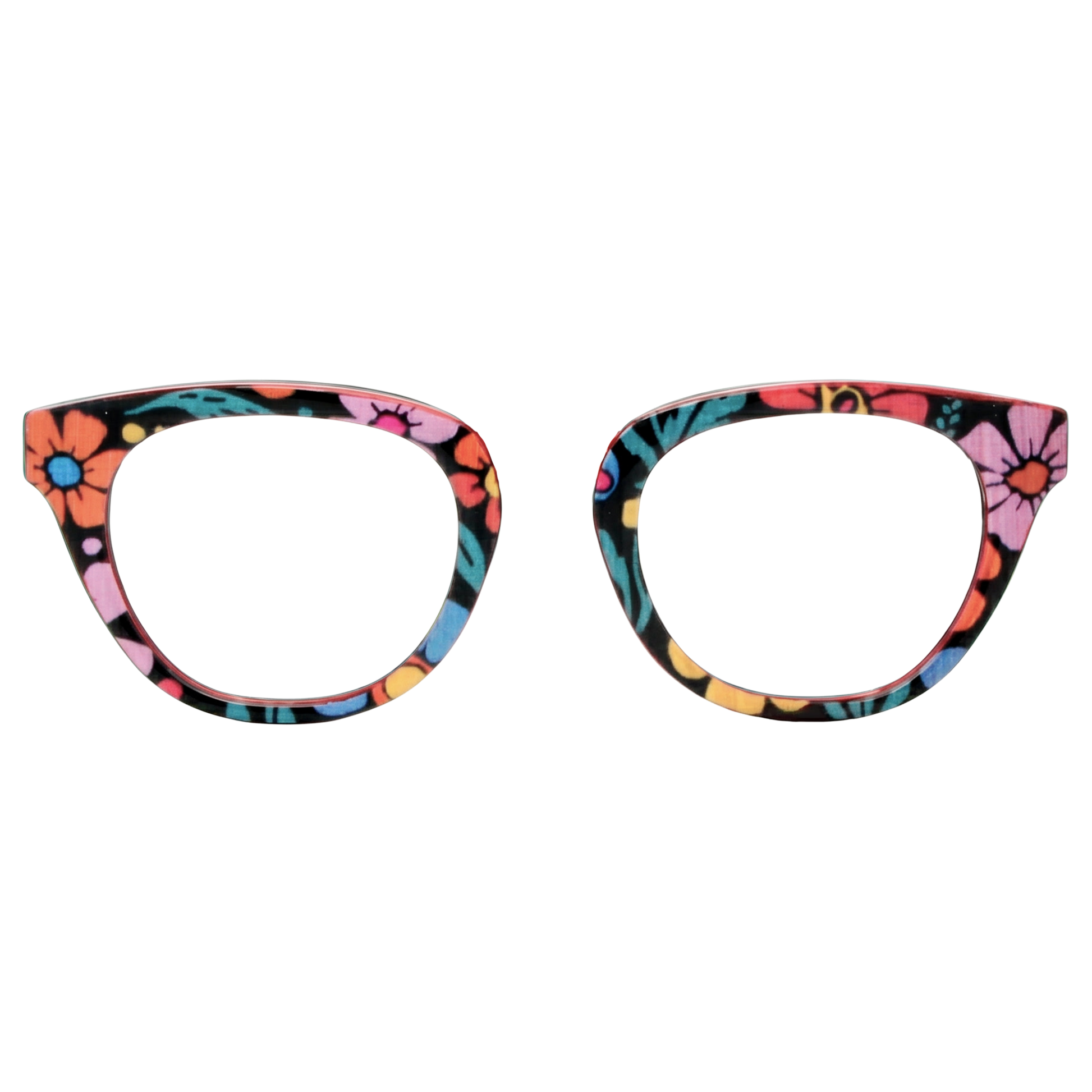 Colorful cat-eye glasses with floral design on a white background