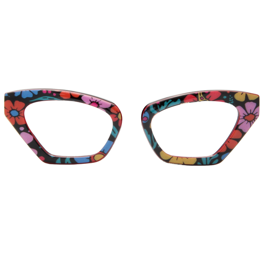 Colorful floral-patterned glasses on a white background