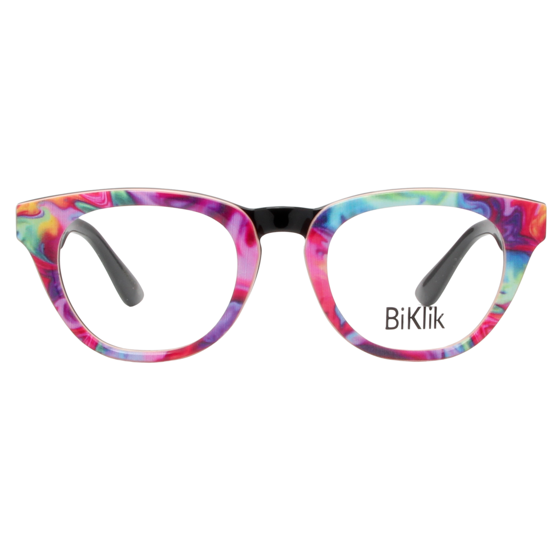 Colorful cat-eye glasses with 'BiKlik' branding on a white background