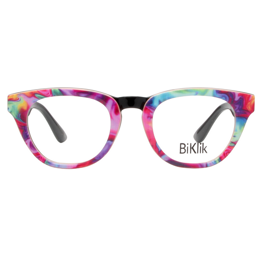 Colorful cat-eye glasses with 'BiKlik' branding on a white background