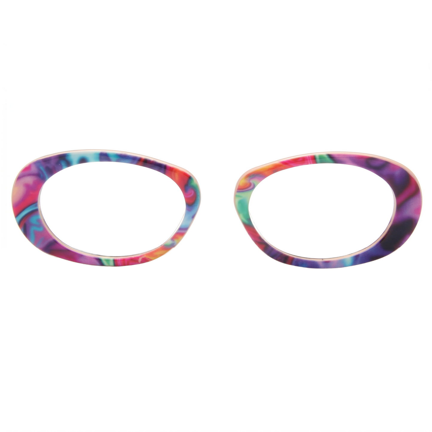 Two colorful eyeglass frames on a white background