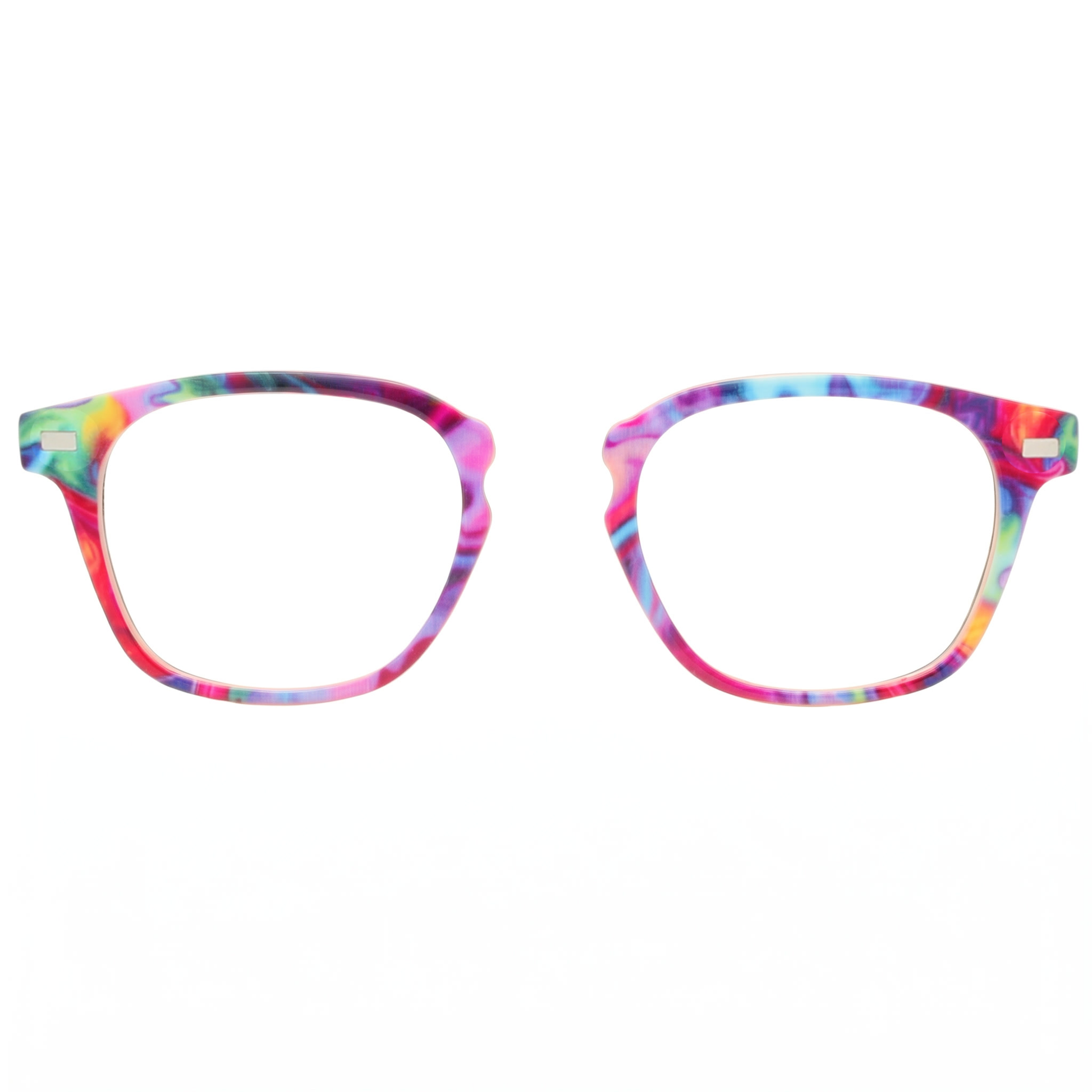 Multicolored cat-eye glasses on a white background