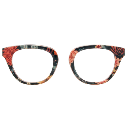 Floral patterned cat-eye glasses on a white background