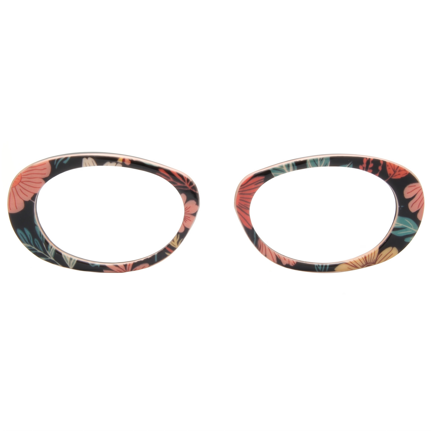 Two floral-patterned eyeglass frames on a white background