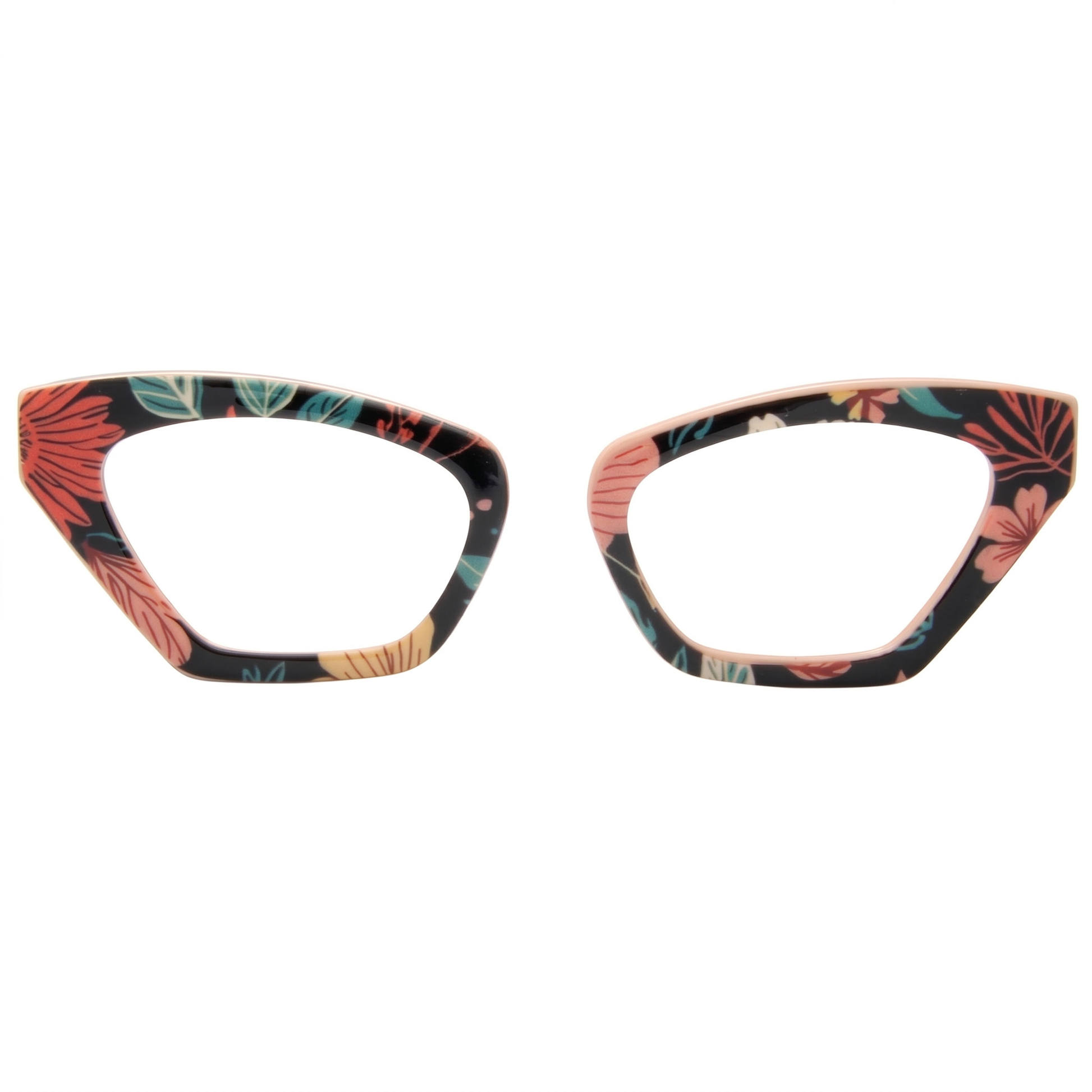 Floral patterned eyeglass frames on a white background