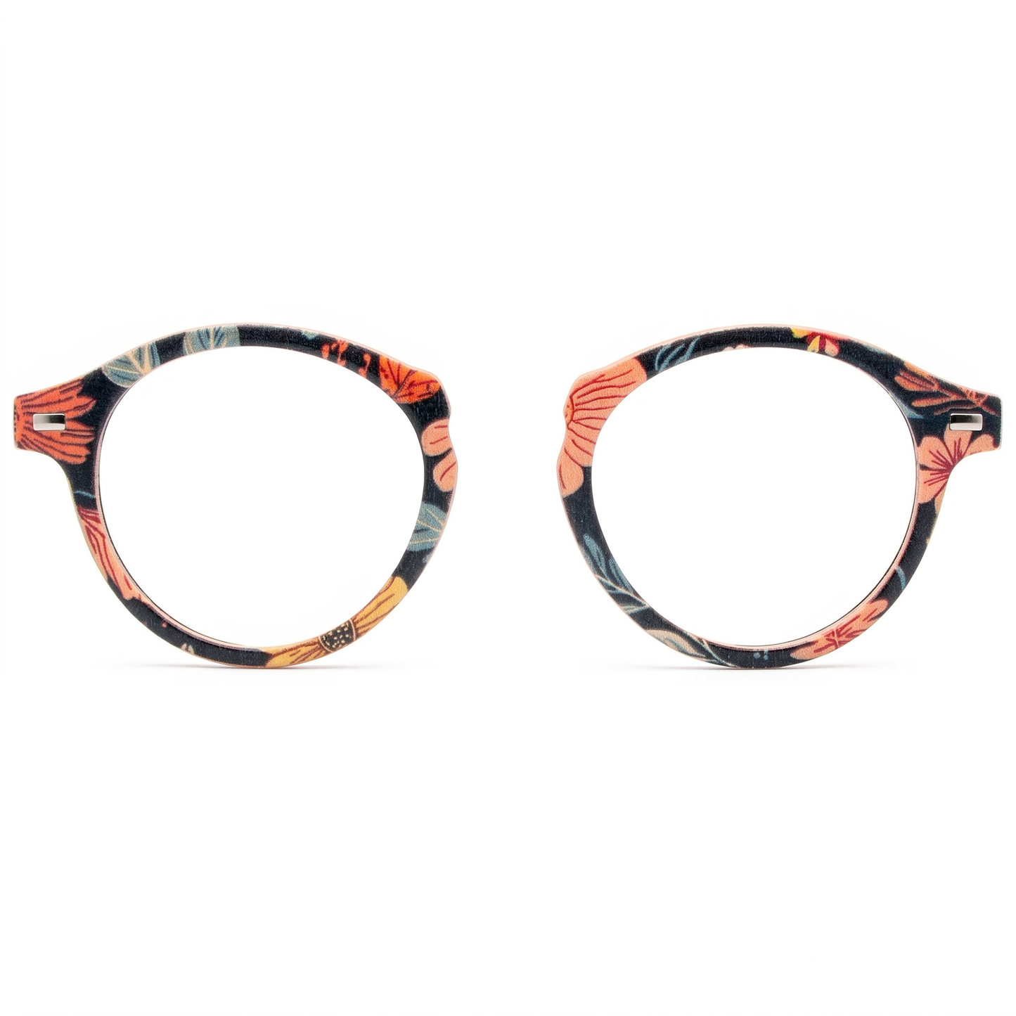 Pair of eyeglasses with a colorful floral pattern on a white background