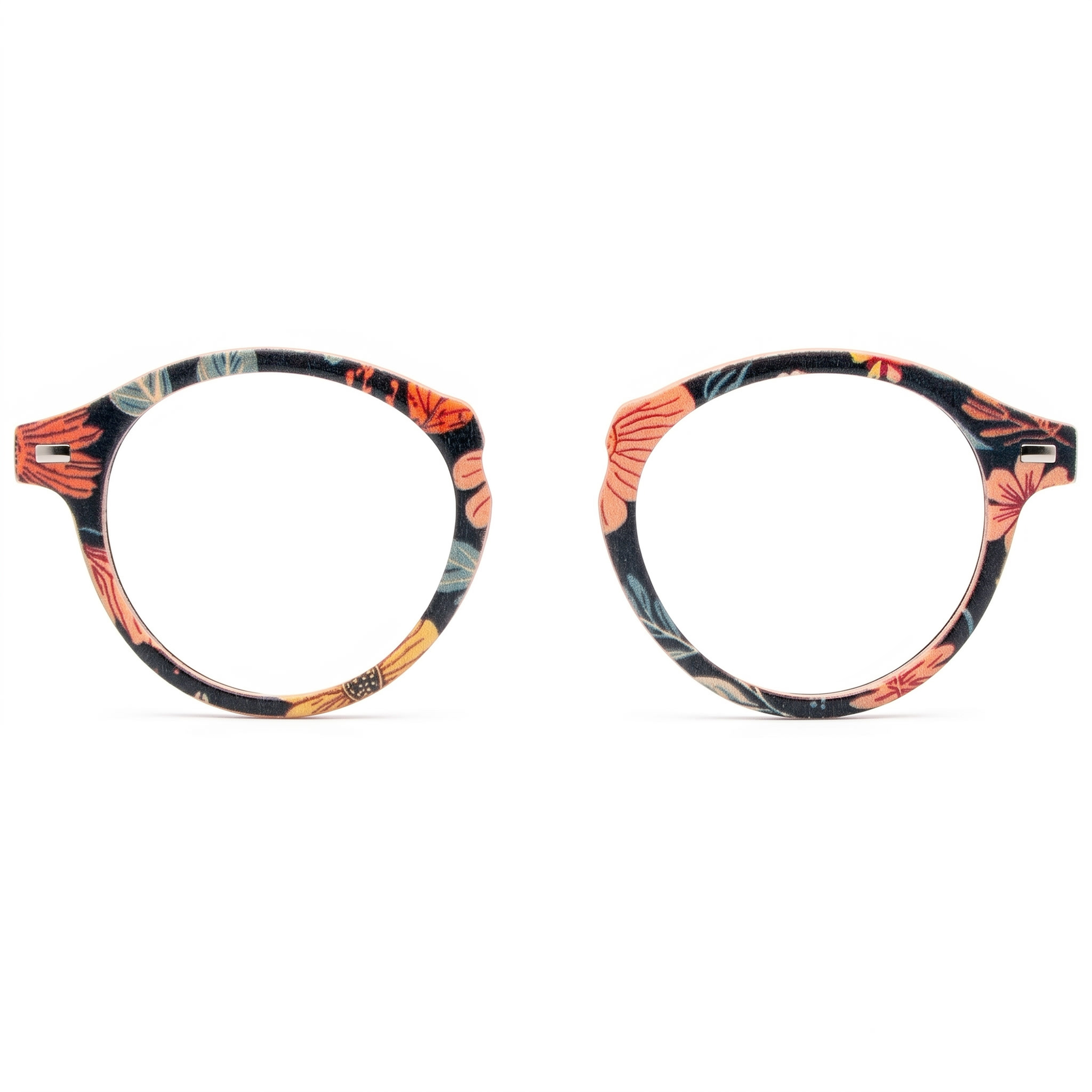 Pair of eyeglasses with a colorful floral pattern on a white background