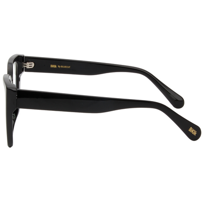 Black eyeglasses with 'Buckley' branding on a white background