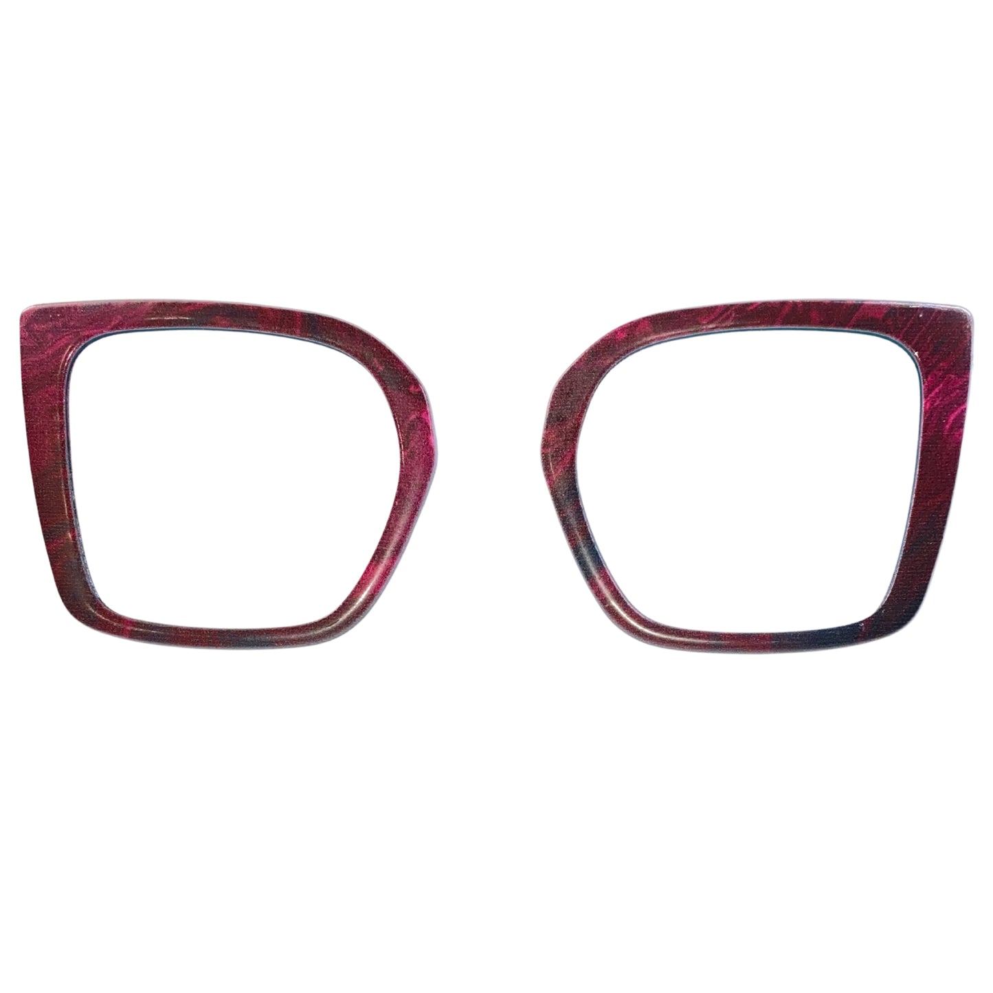 Two red and black eyeglass frames on a white background