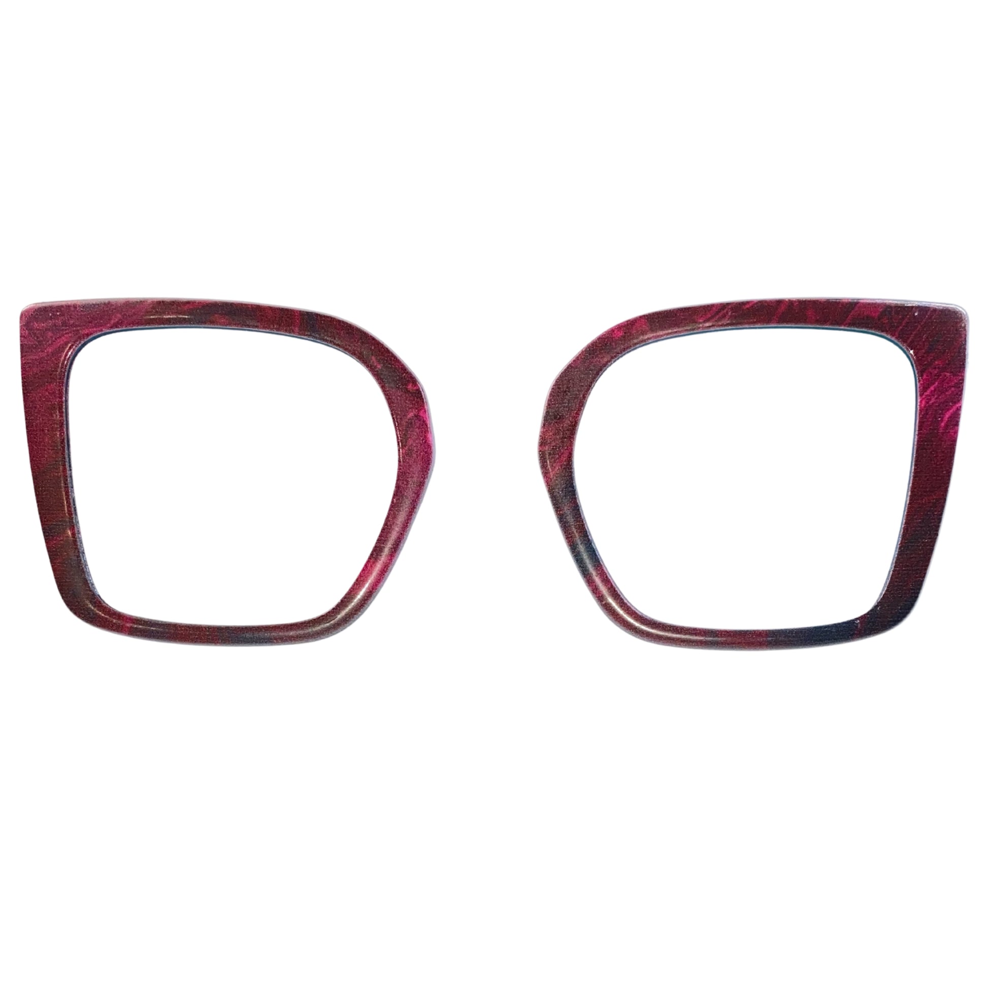 Two red and black eyeglass frames on a white background