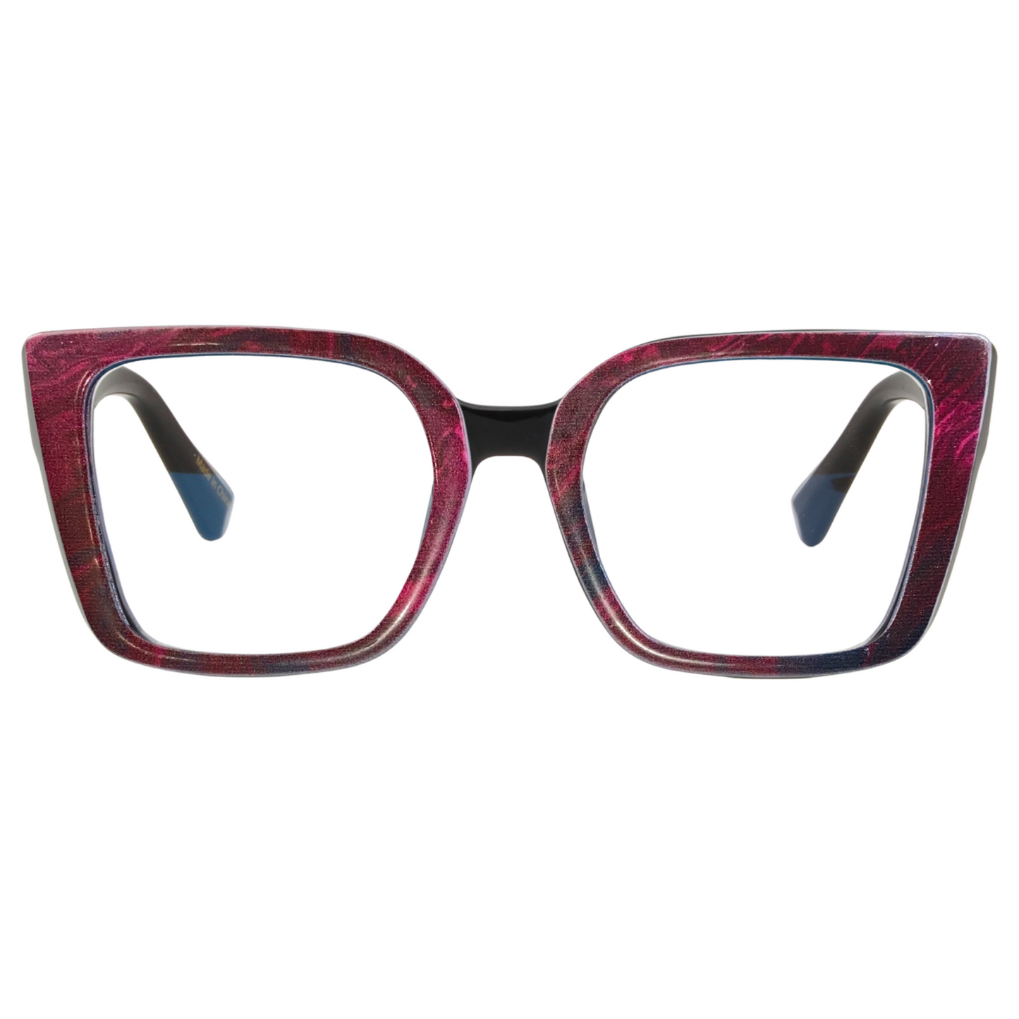 Red and black cat-eye glasses on a white background