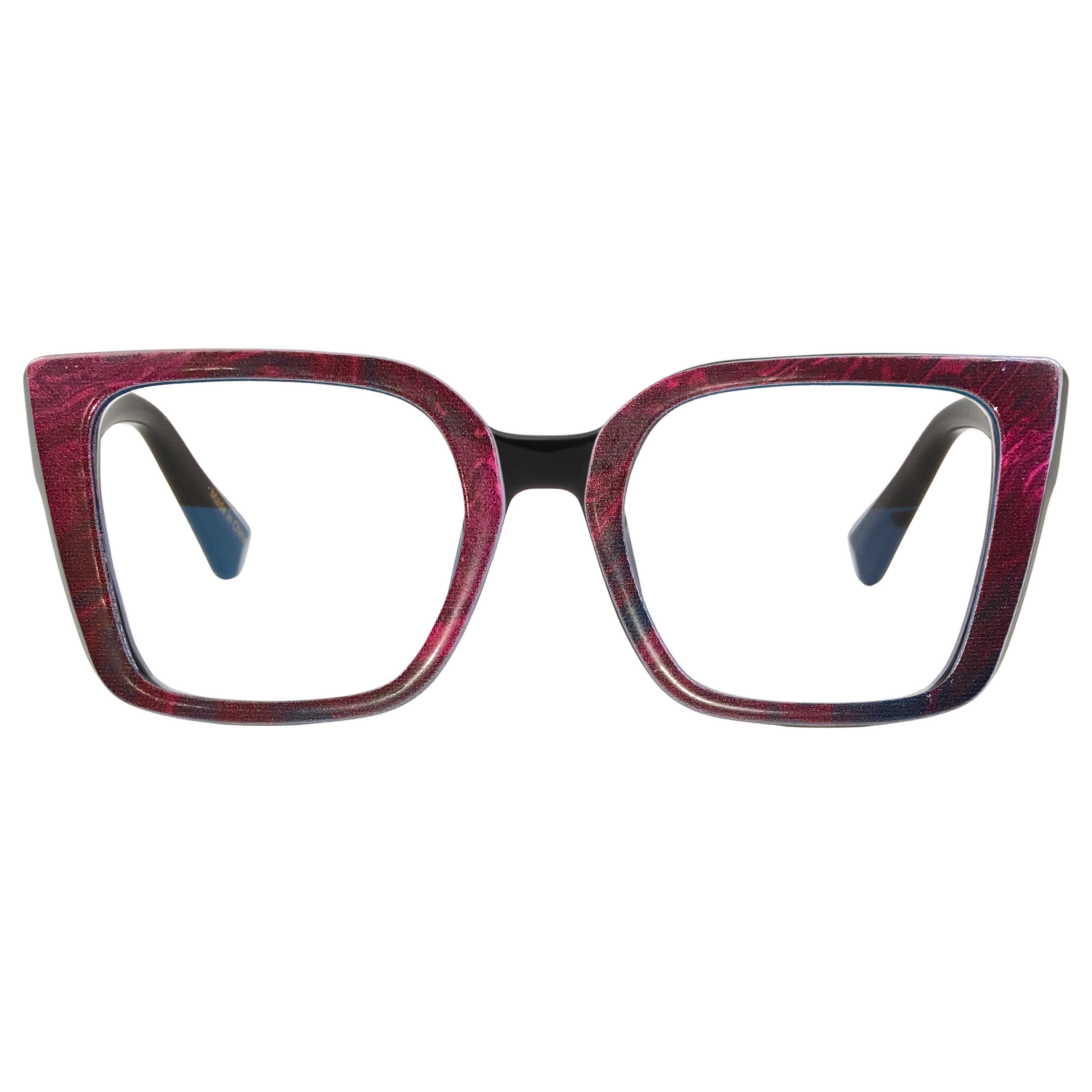Red and black cat-eye glasses on a white background