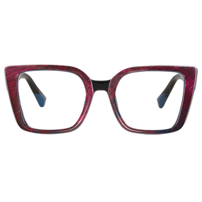 Red and black cat-eye glasses on a white background