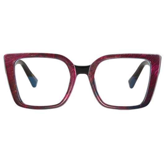 Red and black cat-eye glasses on a white background