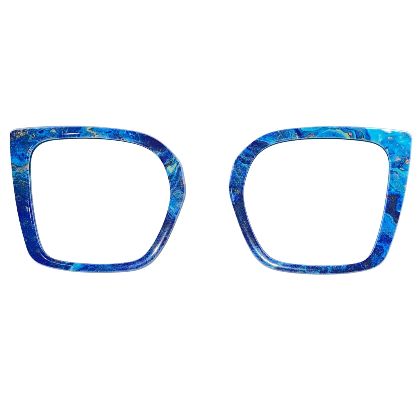 Blue marbled eyeglass frames on a white background