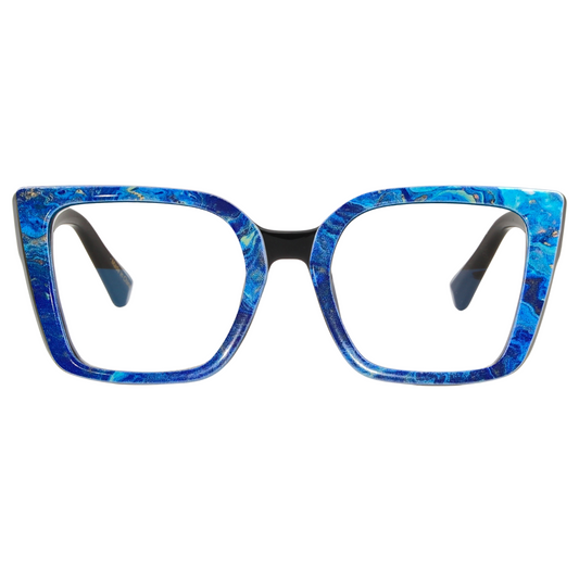 Blue cat-eye glasses on a white background