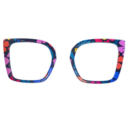 Colorful square-shaped eyeglass frames on a white background