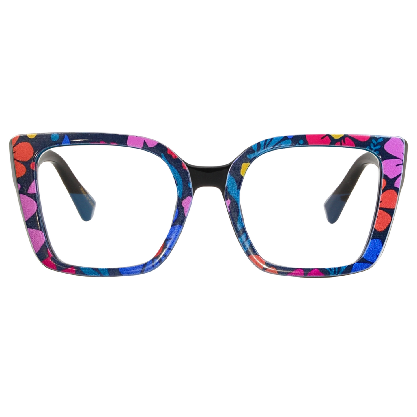Colorful floral-patterned eyeglasses on a white background