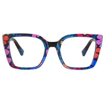 Colorful floral-patterned eyeglasses on a white background