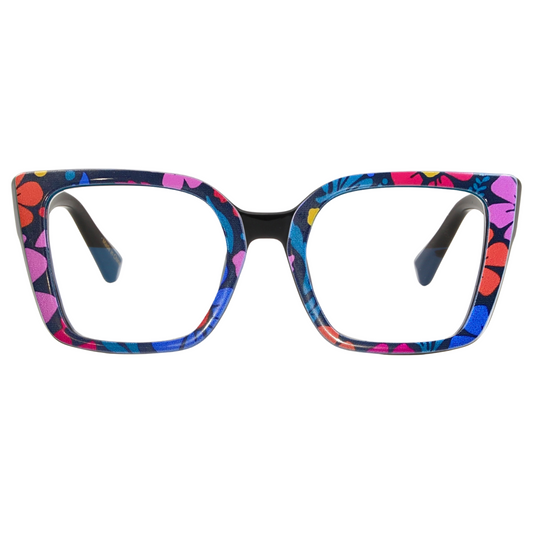 Colorful floral-patterned eyeglasses on a white background