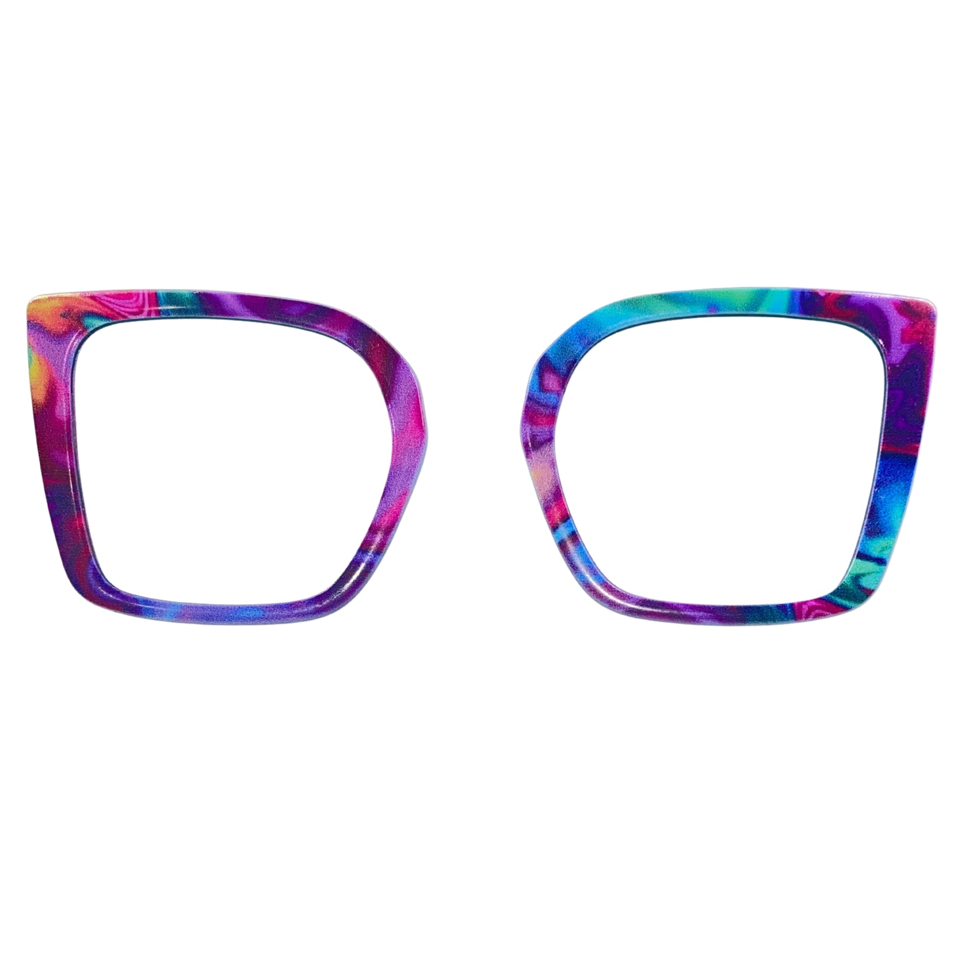 Multicolored eyeglass frames on a white background
