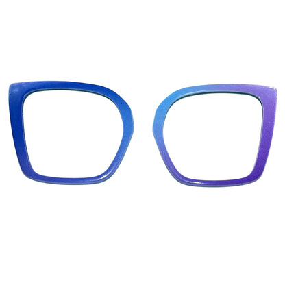 Blue and purple gradient eyeglass frames on a white background