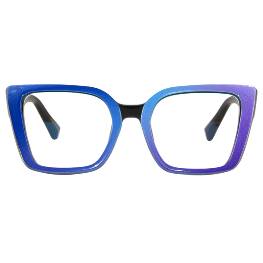 Blue and purple eyeglasses on a white background