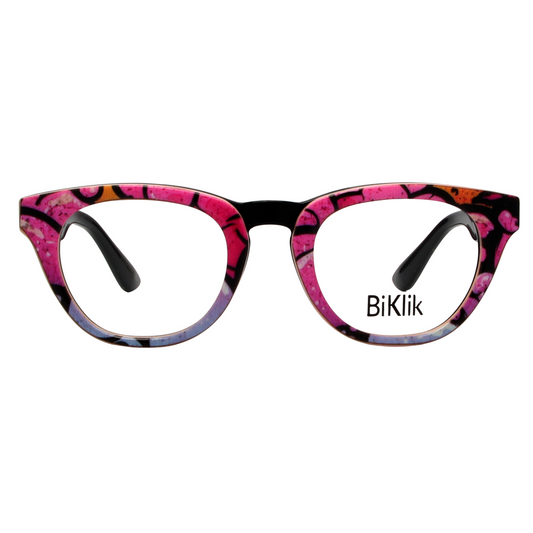 Cat-eye glasses with pink and black design on a white background