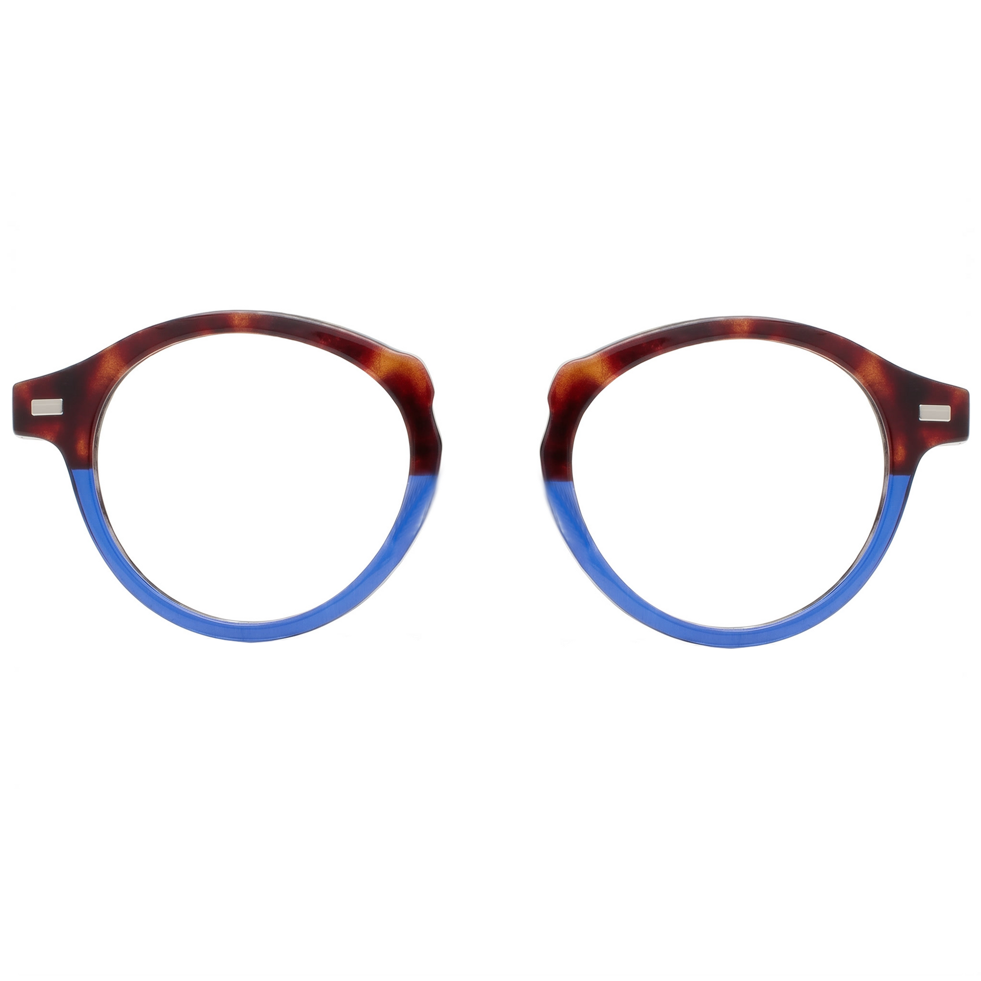 Round eyeglasses with tortoiseshell frame and blue arms on a white background