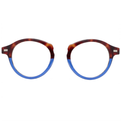 Round eyeglasses with tortoiseshell frame and blue arms on a white background