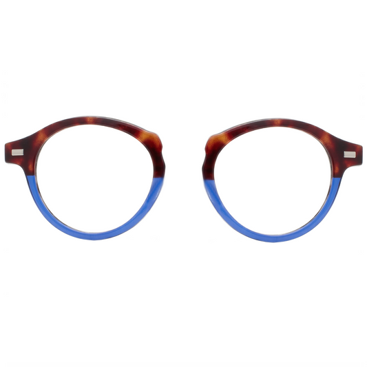 Round eyeglasses with tortoiseshell frame and blue arms on a white background