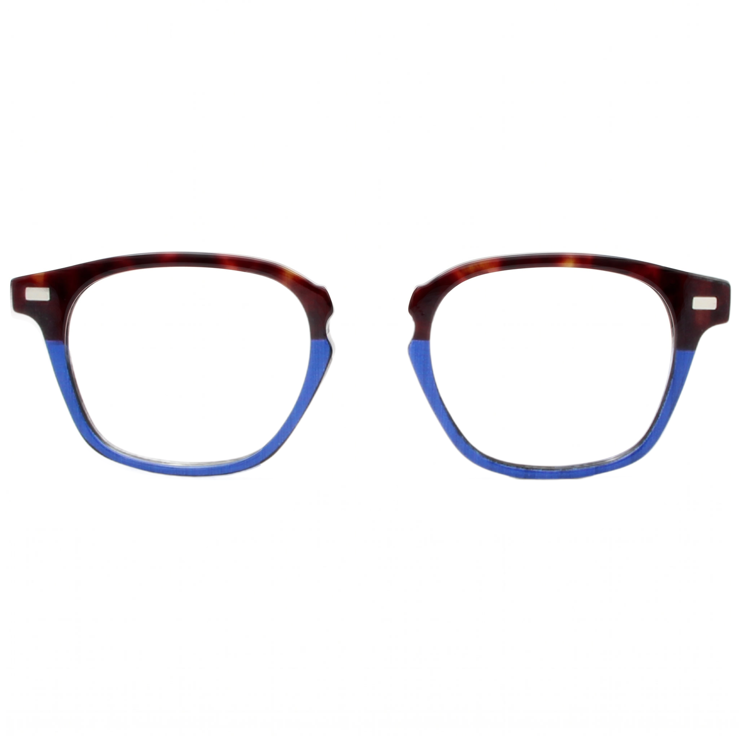 Eyeglasses with tortoiseshell frame and blue temple tips on a white background