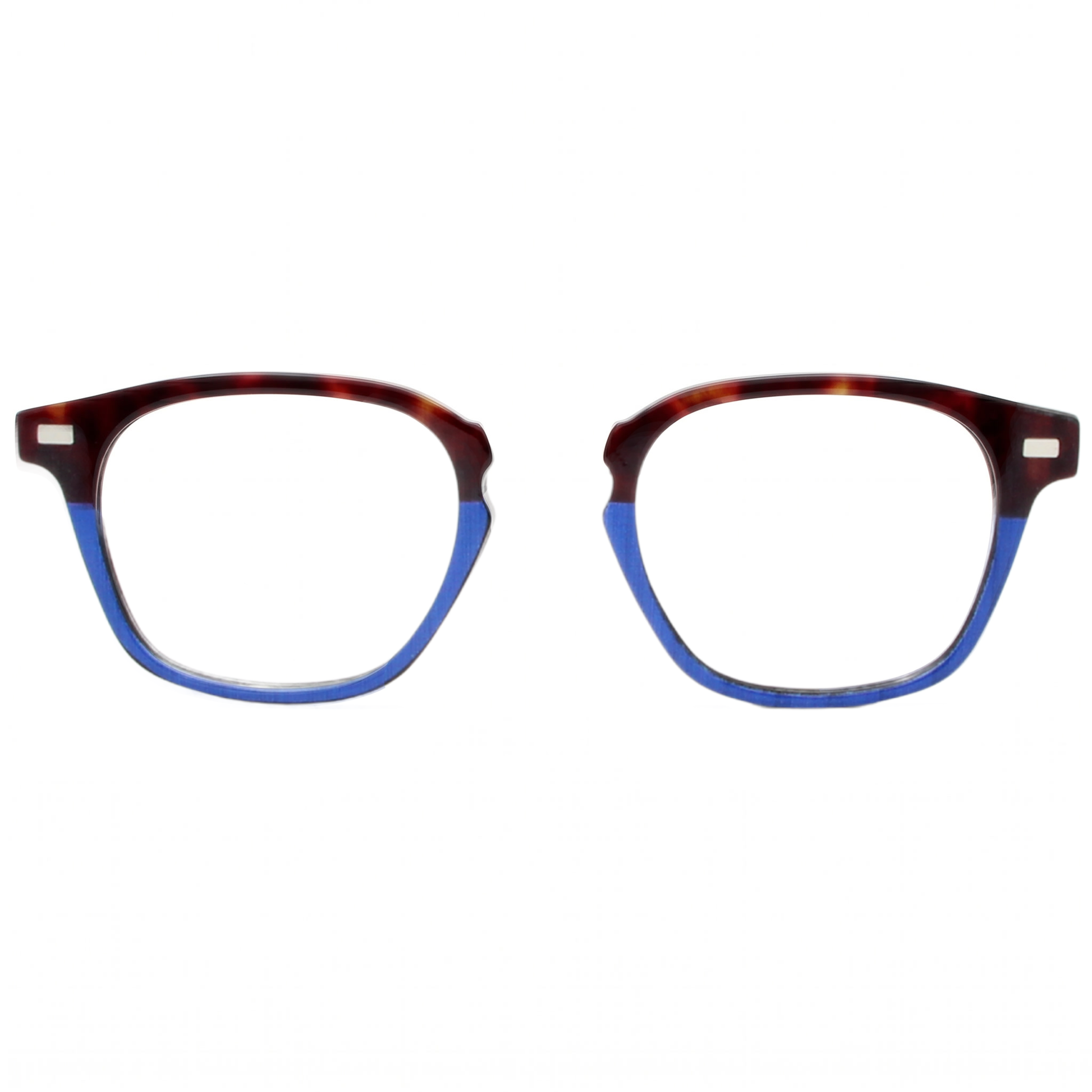 Eyeglasses with tortoiseshell frame and blue temple tips on a white background