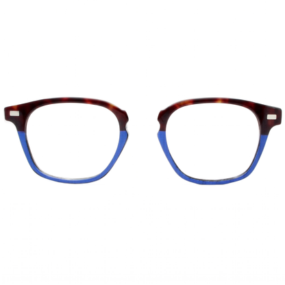 Eyeglasses with tortoiseshell frame and blue temple tips on a white background