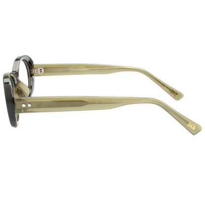 Eyeglasses with a beige frame and black temple tips on a white background