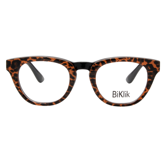 Cat-eye glasses with tortoiseshell frame and black lenses on a white background, featuring the brand 'BiKlik'.