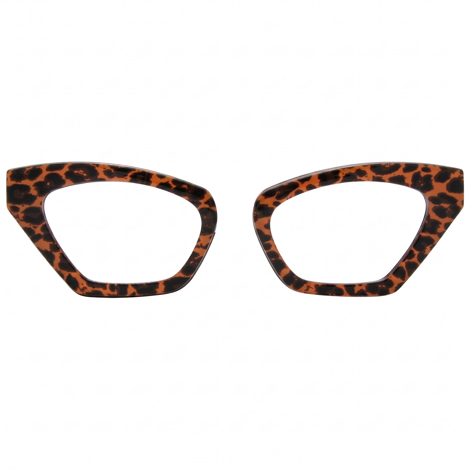 Two leopard print cat-eye glasses frames on a white background