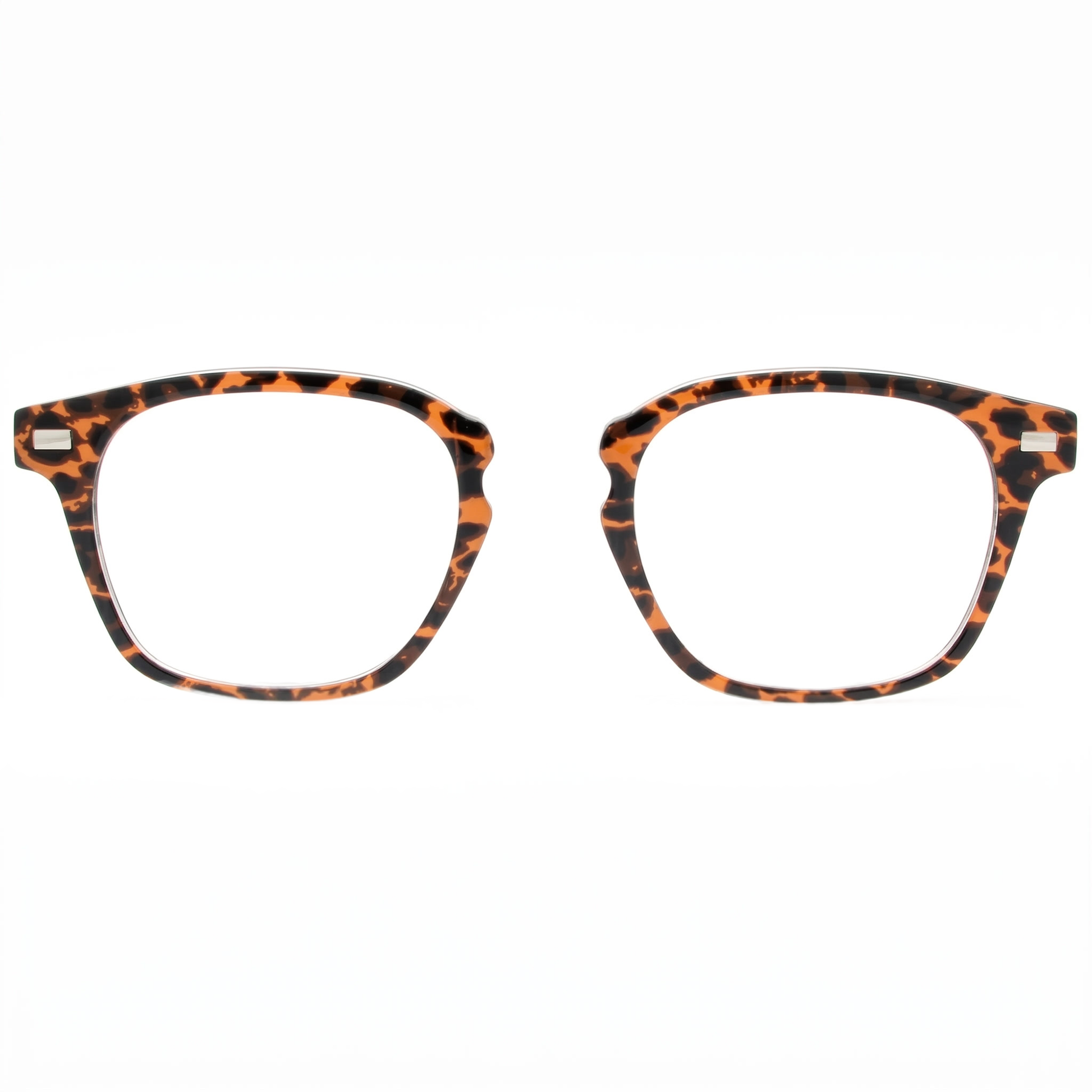 Pair of glasses with orange and black tortoiseshell pattern on a white background