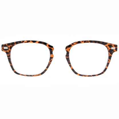 Pair of glasses with orange and black tortoiseshell pattern on a white background