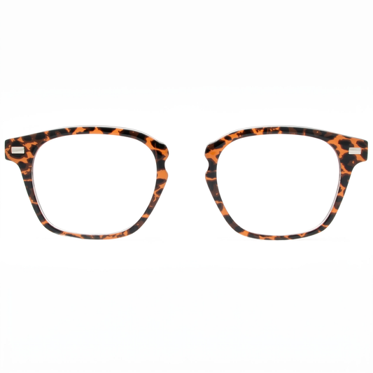 Pair of glasses with orange and black tortoiseshell pattern on a white background