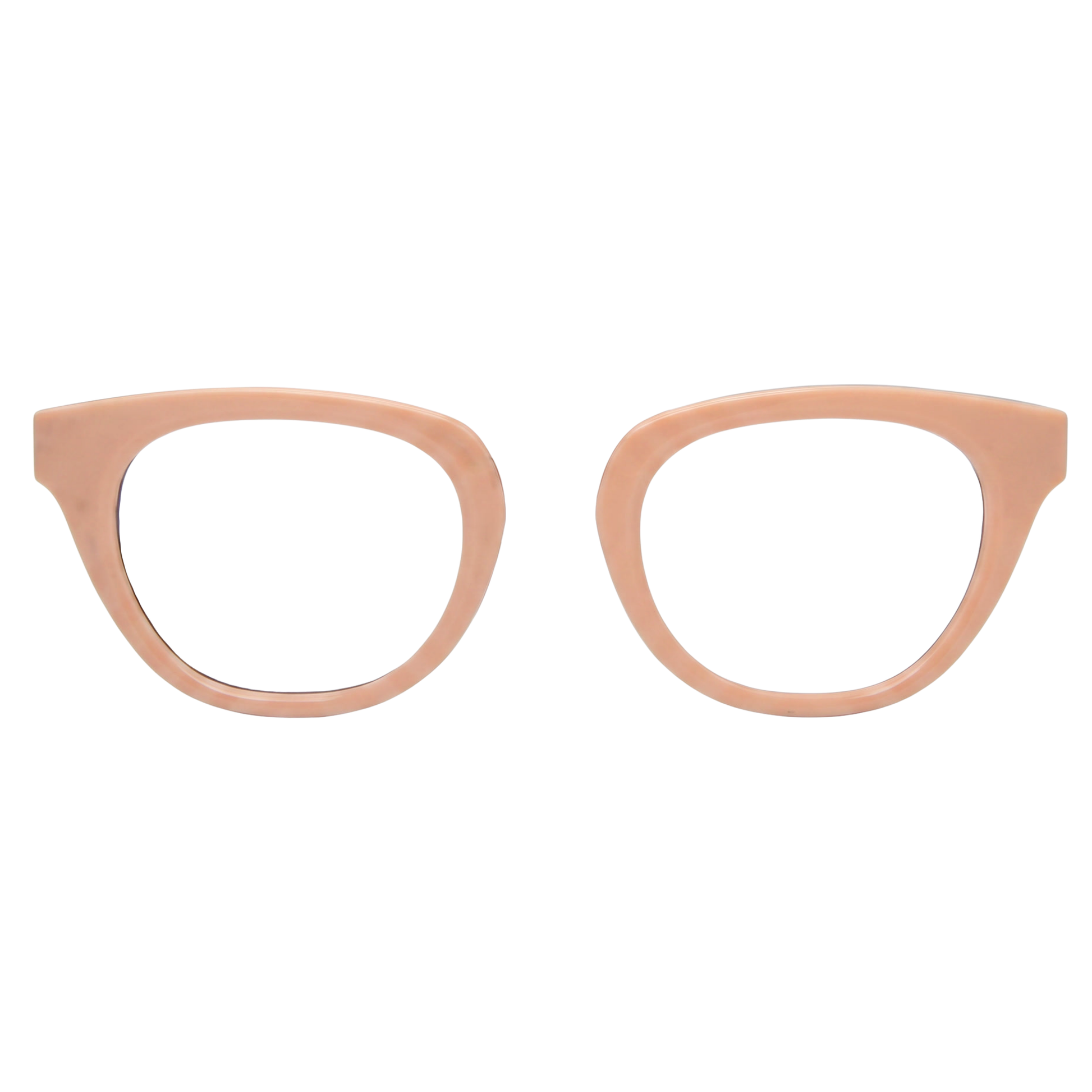 Pair of cat-eye glasses with a beige frame on a white background