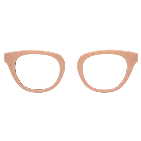 Pair of cat-eye glasses with a beige frame on a white background