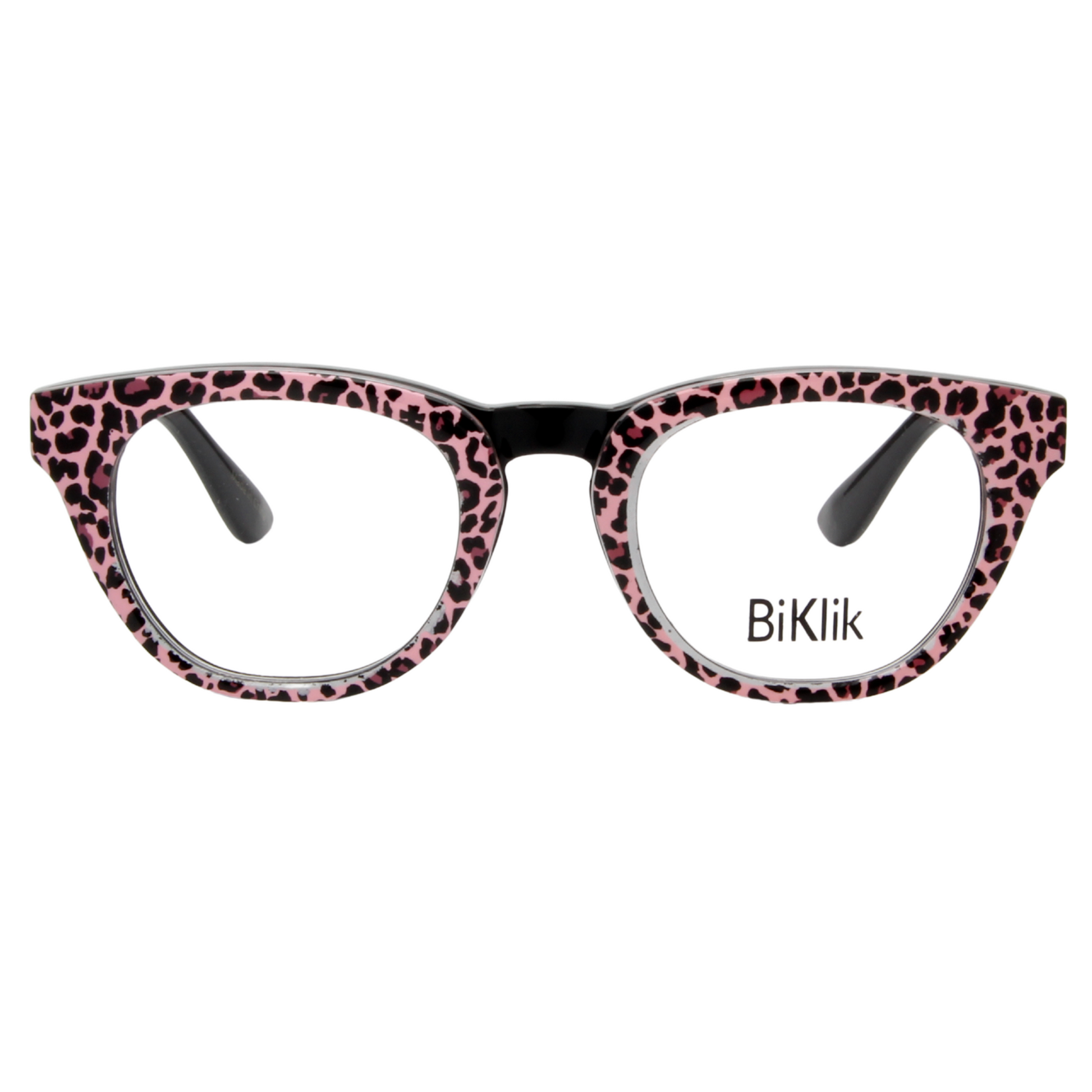 Pink leopard print eyeglasses with black temple tips on a white background