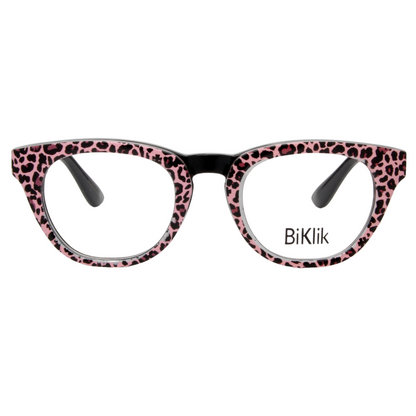 Pink leopard print eyeglasses with black temple tips on a white background