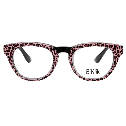 Pink leopard print eyeglasses with black temple tips on a white background