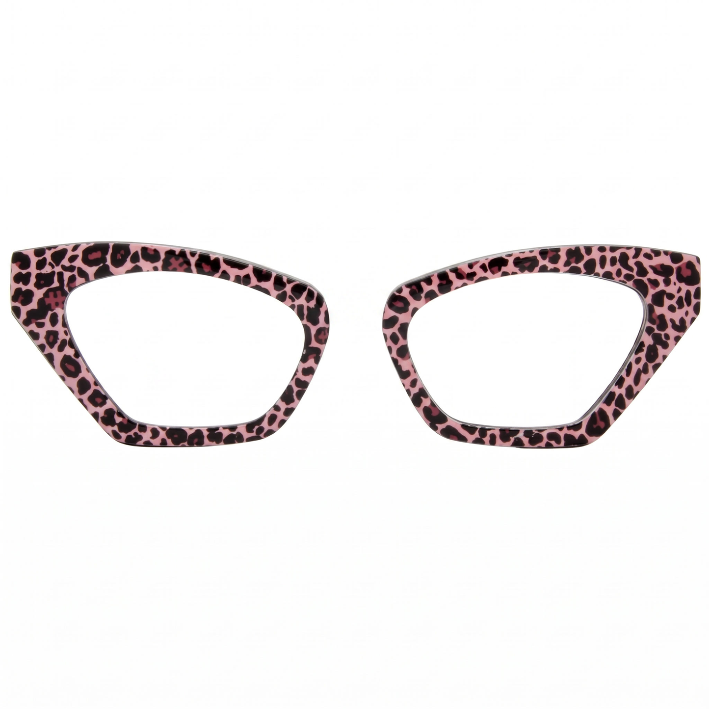 Pair of cat-eye glasses with pink leopard print frame on a white background