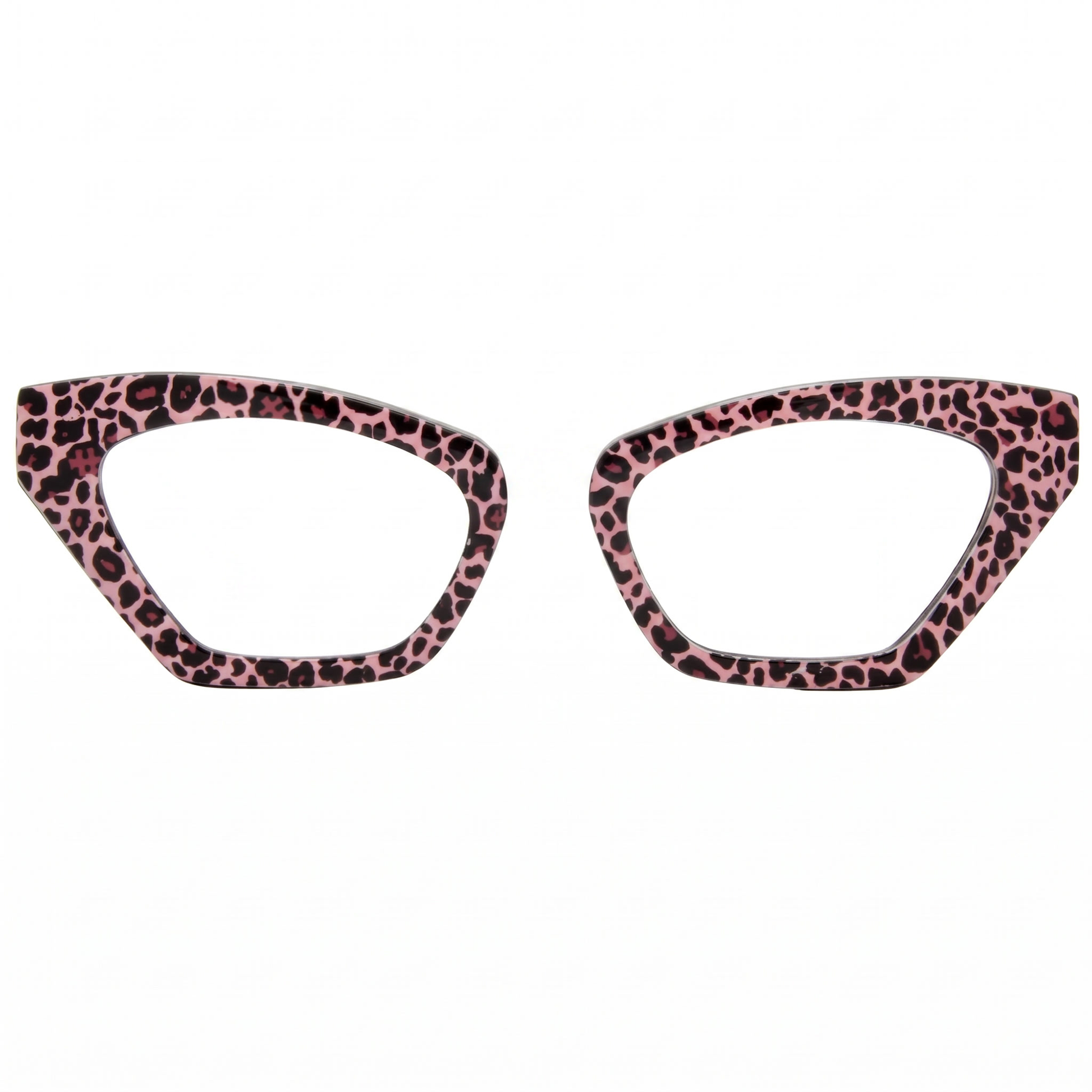 Pair of cat-eye glasses with pink leopard print frame on a white background