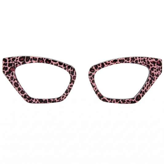 Pair of cat-eye glasses with pink leopard print frame on a white background