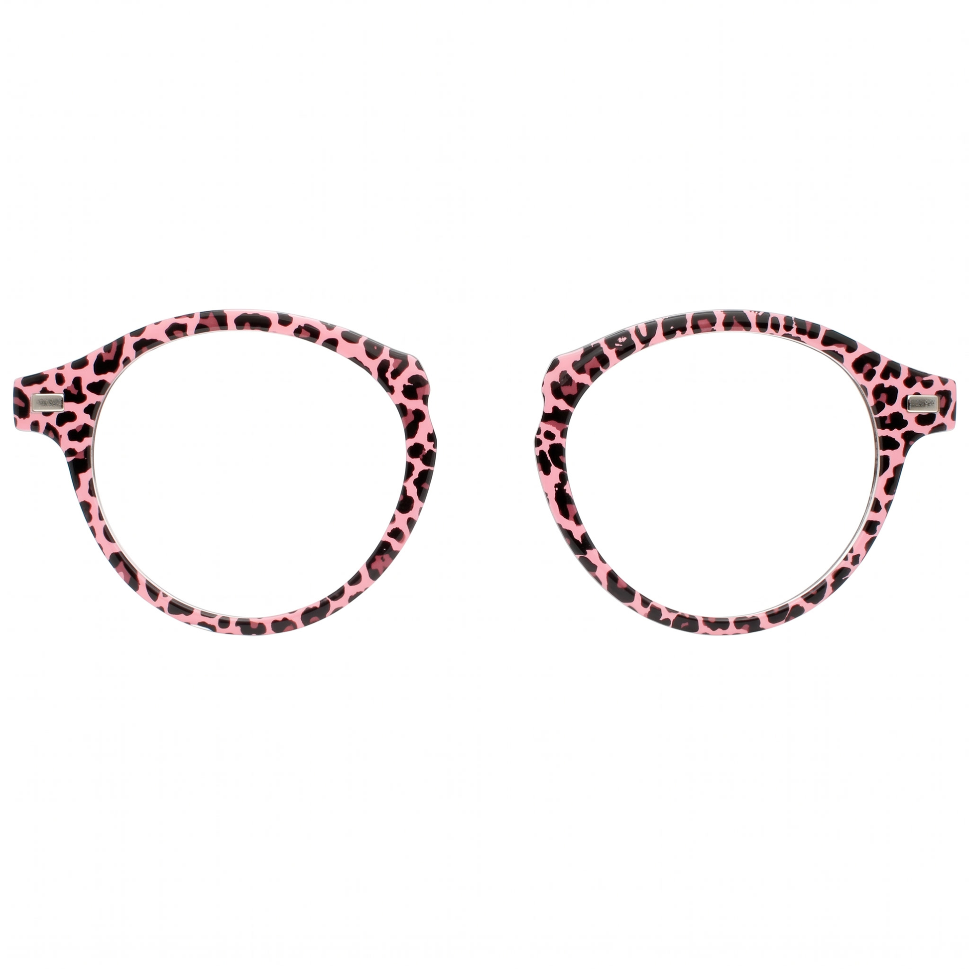 Pink and black leopard print eyeglass frames on a white background