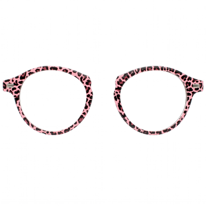 Pink and black leopard print eyeglass frames on a white background